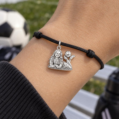 Little Soccer Star Charm Bracelet – Personalized Mom Gift – worn on the wrist on a black cord bracelet