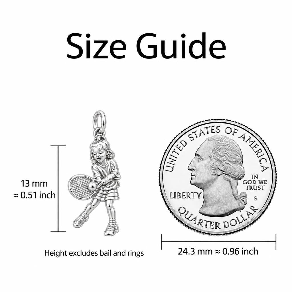 Little Tennis Star Charm Bracelet – Personalized Mom Gift – size guide, 13 mm charm next to a quarter