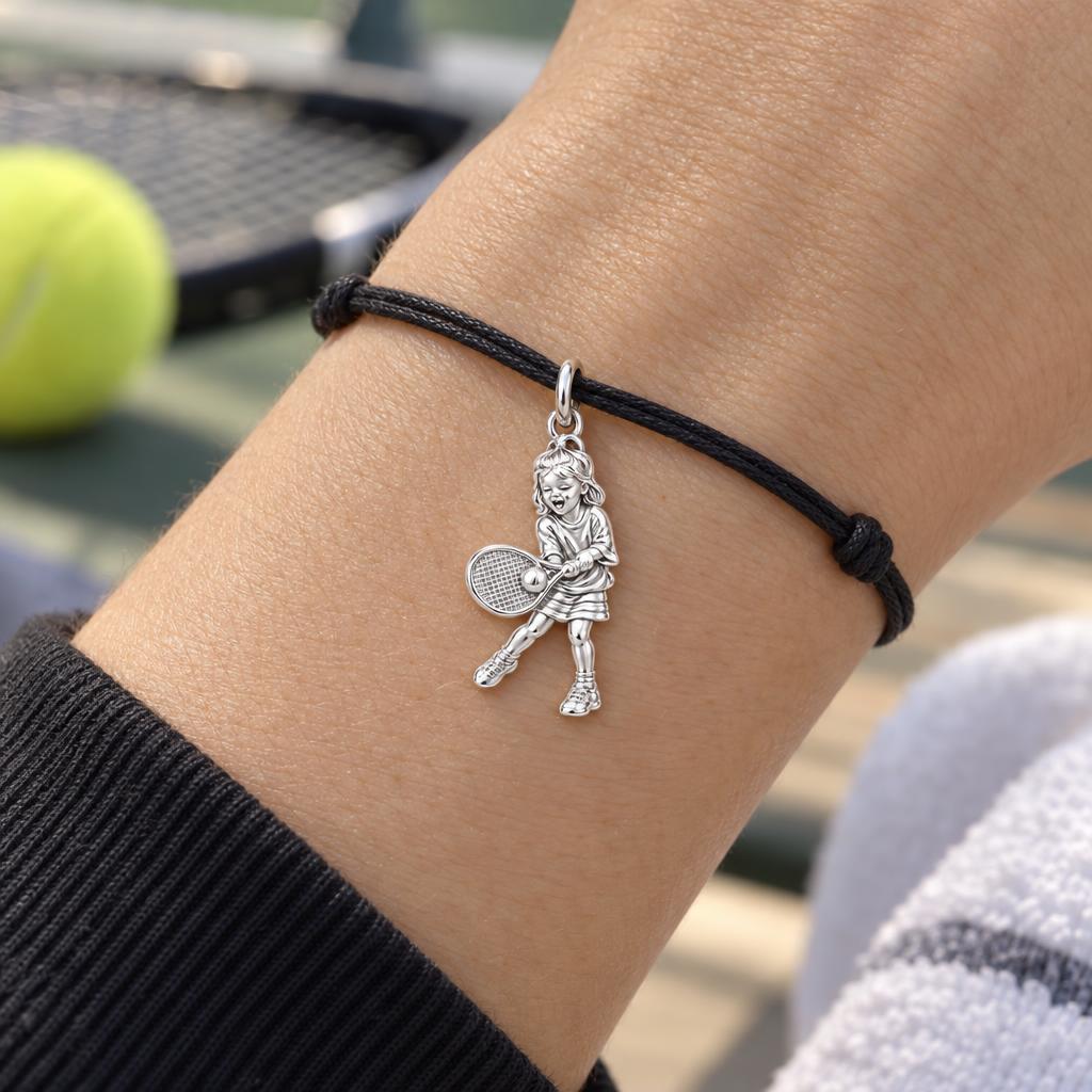 Little Tennis Star Charm Bracelet – Personalized Mom Gift – worn on the wrist on a black cord bracelet