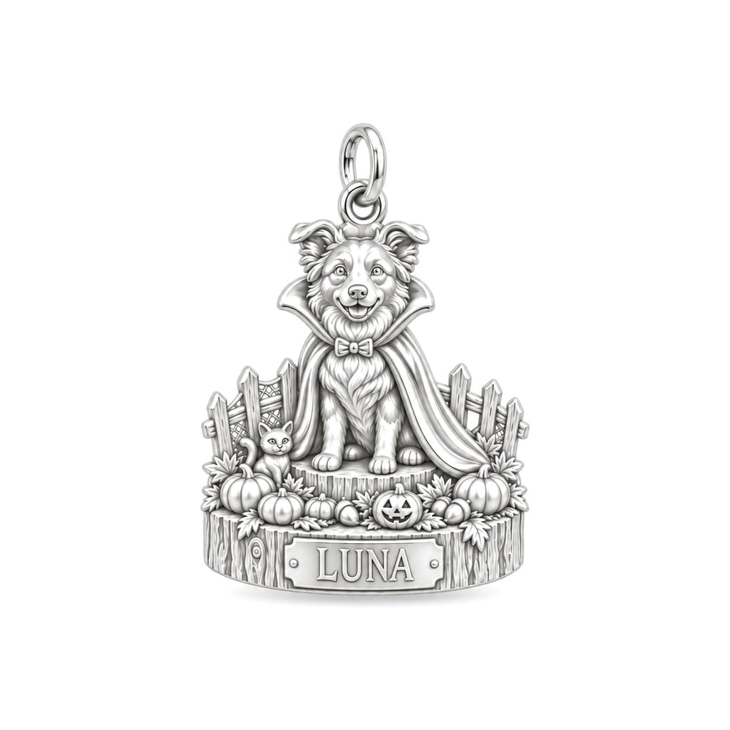 Little Vampire Pup Charm Bracelet – Personalized Dog Mom Gift – silver charm, front view