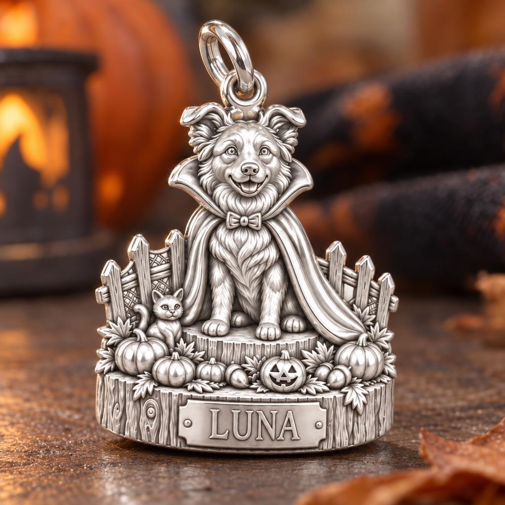 Little Vampire Pup Charm Bracelet – Personalized Dog Mom Gift – macro detail of the charm