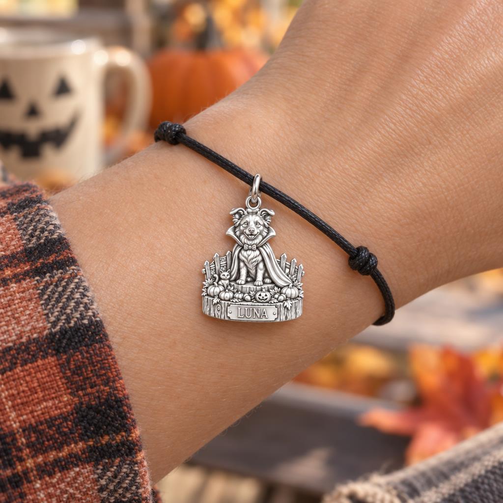 Little Vampire Pup Charm Bracelet – Personalized Dog Mom Gift – worn on the wrist on a black cord bracelet