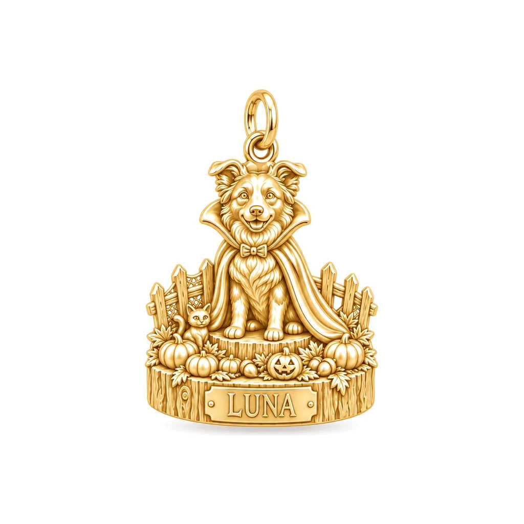 Little Vampire Pup Charm Bracelet – Personalized Dog Mom Gift – 18K gold charm, front view