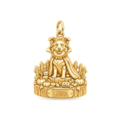 Little Vampire Pup Charm Bracelet – Personalized Dog Mom Gift – 18K gold charm, front view