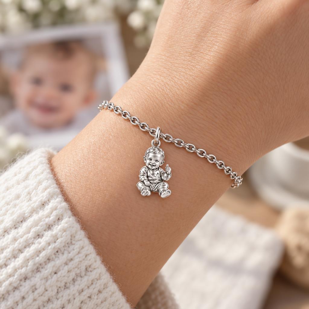 Little Wonder Custom Portrait Charm Bracelet Set – worn / in use