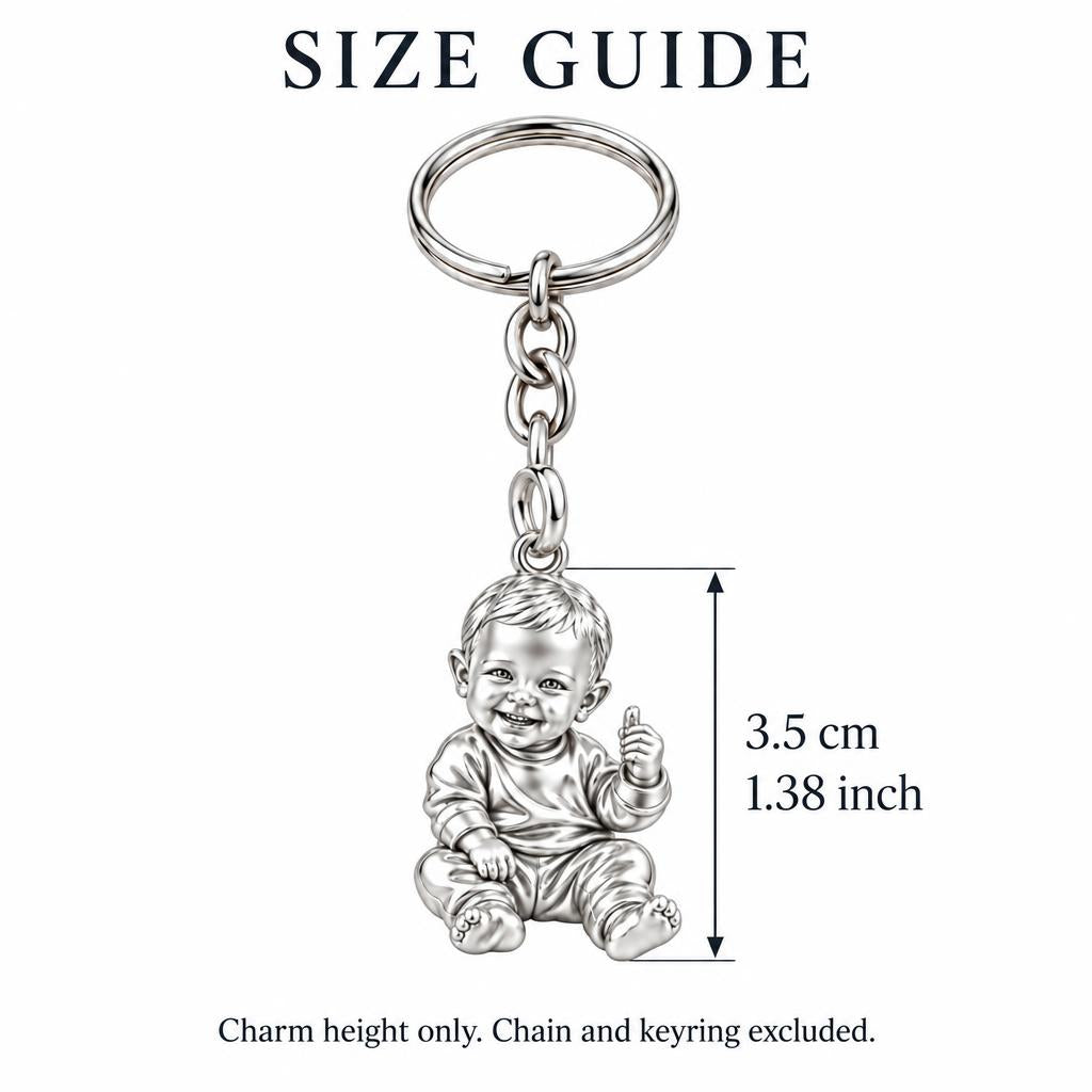 Little Wonder Custom Portrait Charm Keychain – size guide, 3.5 cm (1.38 in) charm, chain and keyring excluded