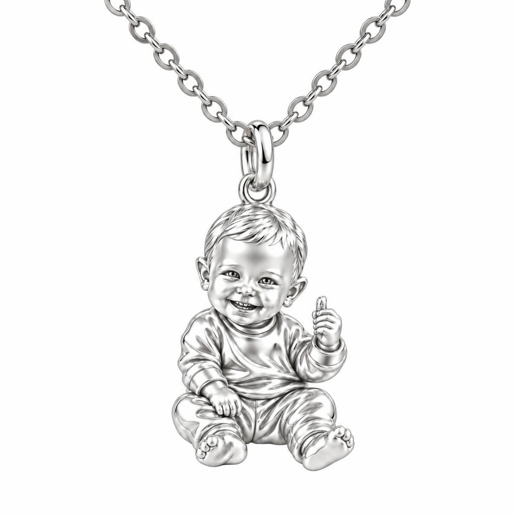 Little Wonder Custom Portrait Charm Necklace Set – silver, front view