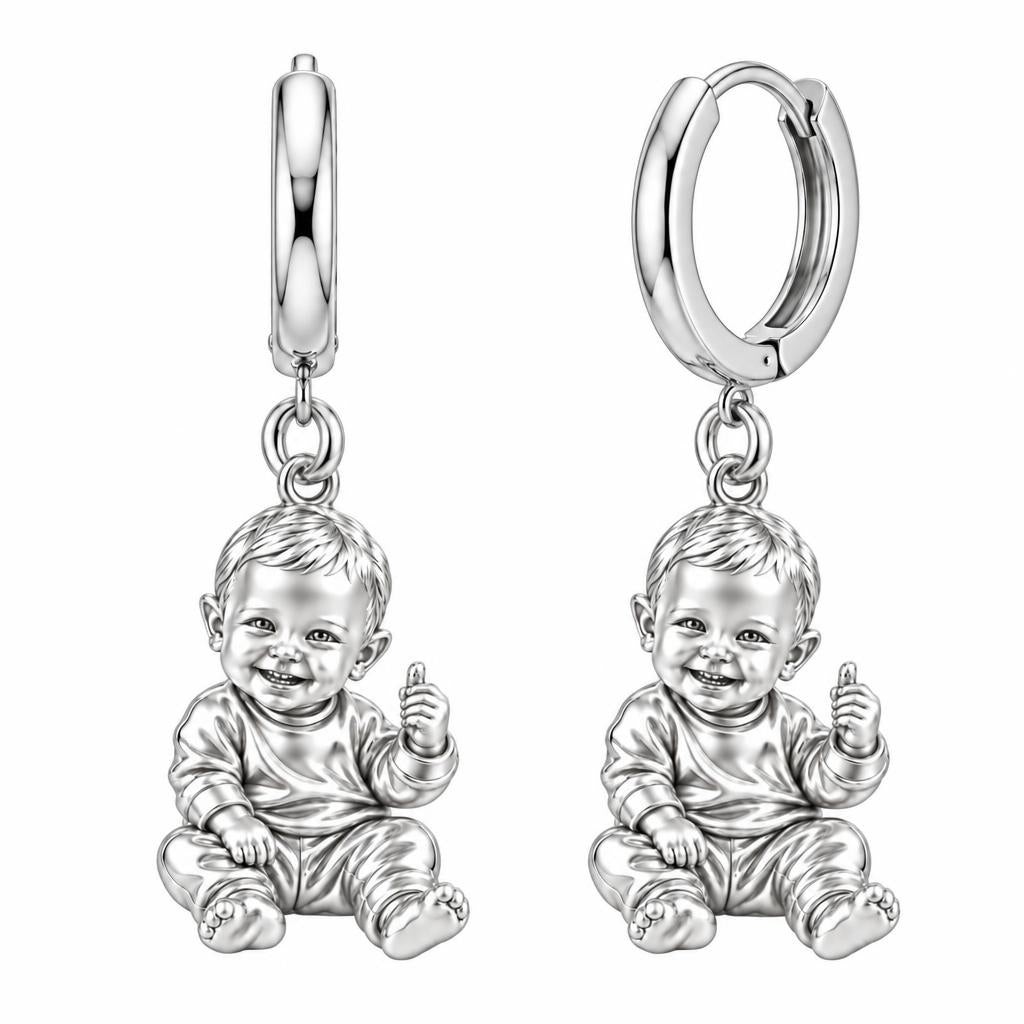 Little Wonder Custom Portrait Huggie Charm Earrings – silver, front view