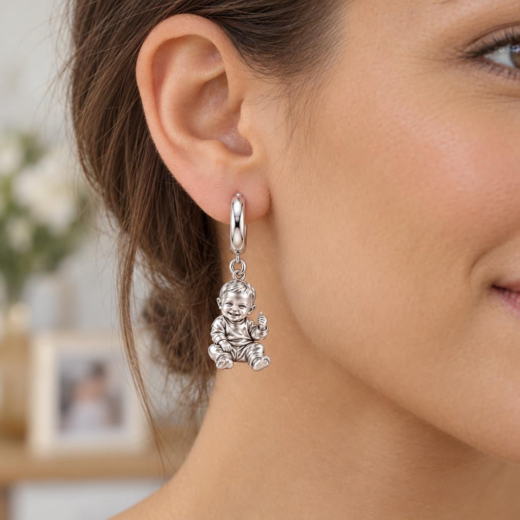 Little Wonder Custom Portrait Huggie Charm Earrings – worn / in use