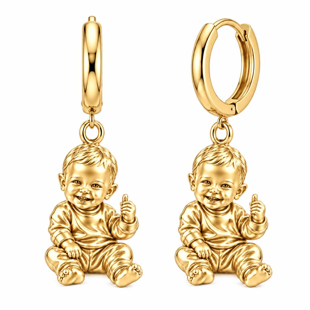 Little Wonder Custom Portrait Huggie Charm Earrings – 18K gold, front view