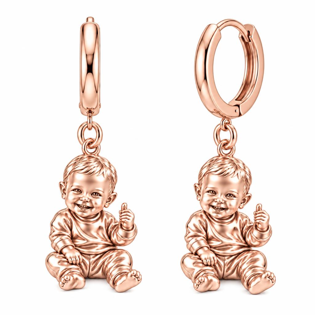 Little Wonder Custom Portrait Huggie Charm Earrings – rose gold, front view