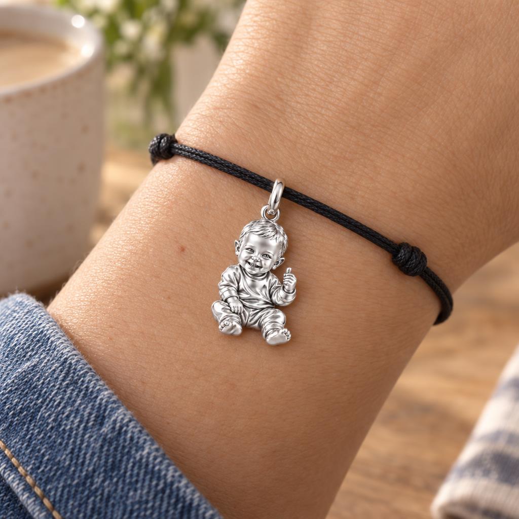 Little Wonder Portrait Charm Bracelet – Personalized Mom Gift – worn on the wrist on a black cord bracelet