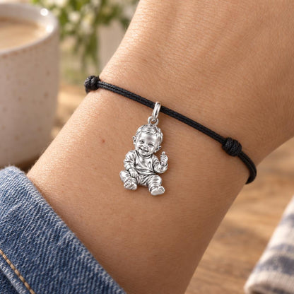 Little Wonder Portrait Charm Bracelet – Personalized Mom Gift – worn on the wrist on a black cord bracelet