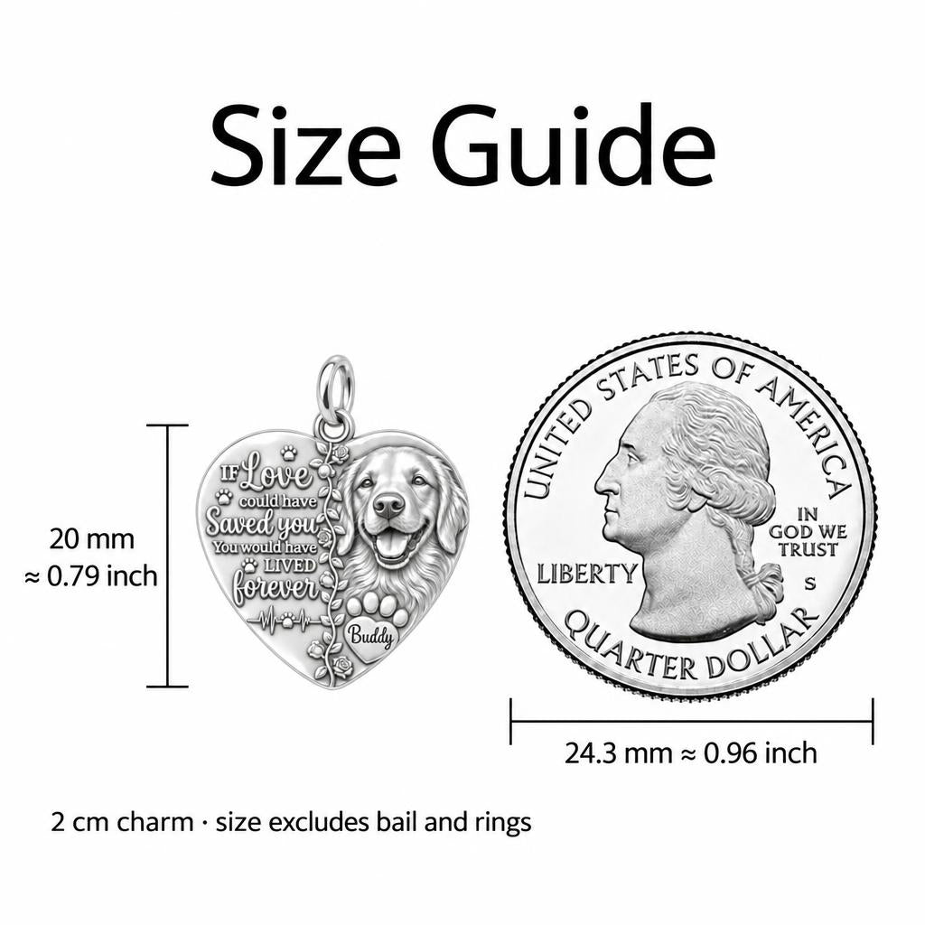 Lived Forever Heart Charm Bracelet – Personalized Pet Gift – size guide, 2 cm charm next to a quarter