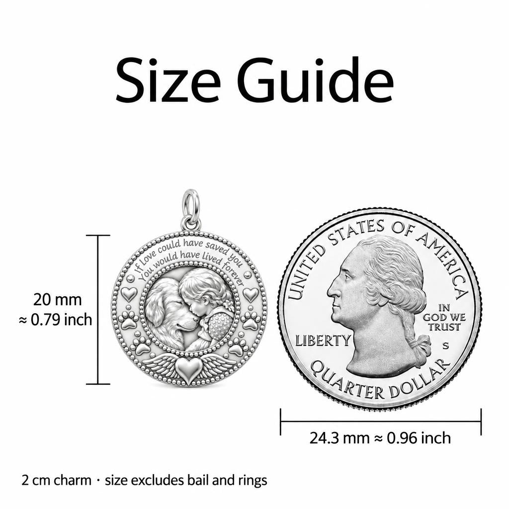 Lived Forever Memorial Charm Bracelet – Personalized Dog Mom Gift – size guide, 2 cm charm next to a quarter