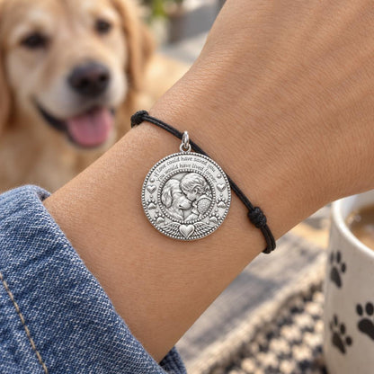 Lived Forever Memorial Charm Bracelet – Personalized Dog Mom Gift – worn on the wrist on a black cord bracelet
