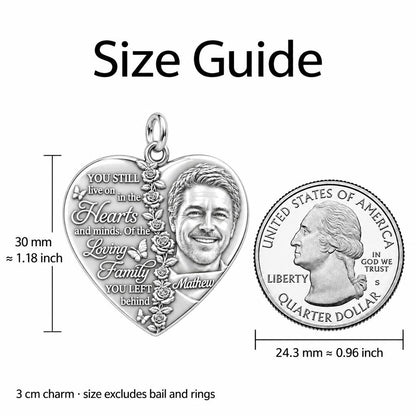 Living Hearts Memorial Charm Bracelet – Personalized Family Gift – size guide, 3 cm charm next to a quarter