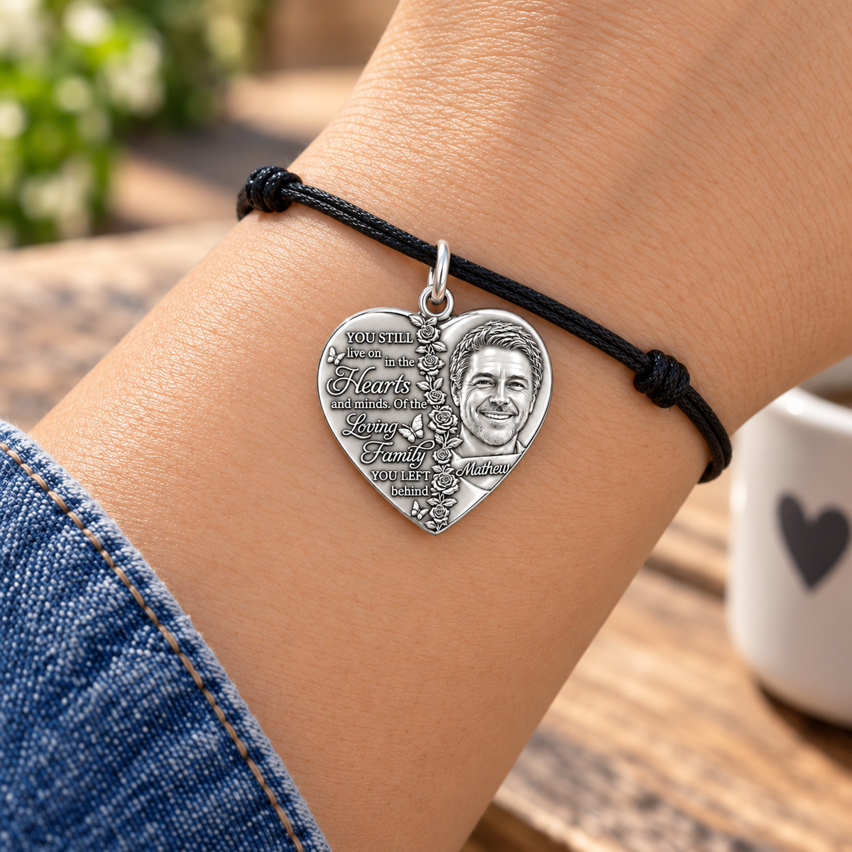 Living Hearts Memorial Charm Bracelet – Personalized Family Gift – worn on the wrist on a black cord bracelet