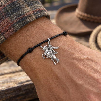 Lone Ranger Cowboy Charm Bracelet – Personalized Dad Gift – worn on the wrist on a black cord bracelet