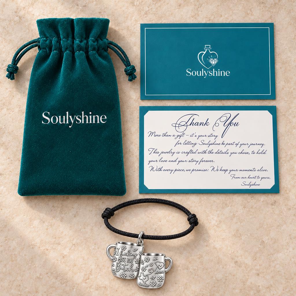 Long Distance Bestie Charm Bracelet – Personalized Friend Gift – Soulyshine velvet pouch and gift card