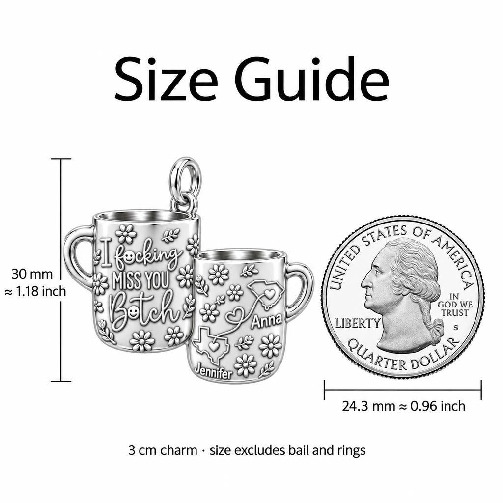 Long Distance Bestie Charm Bracelet – Personalized Friend Gift – size guide, 3 cm charm next to a quarter