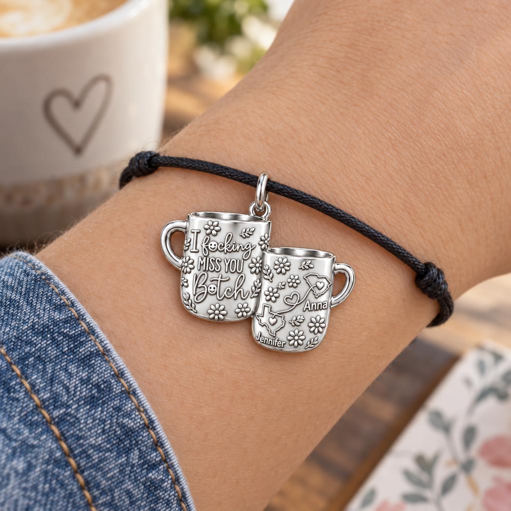 Long Distance Bestie Charm Bracelet – Personalized Friend Gift – worn on the wrist on a black cord bracelet
