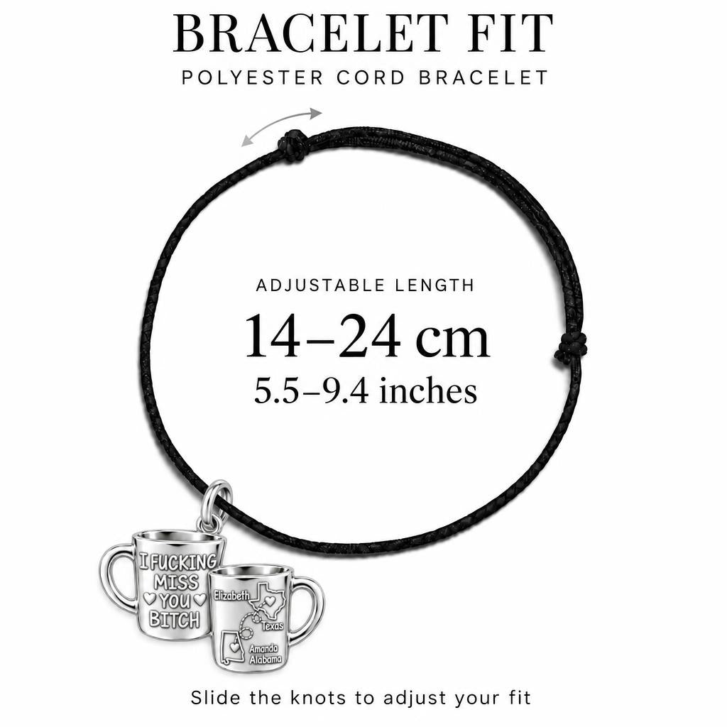 Long Distance Bestie Mugs Charm Bracelet – Personalized Best Friend – adjustable black cord bracelet, 14–24 cm