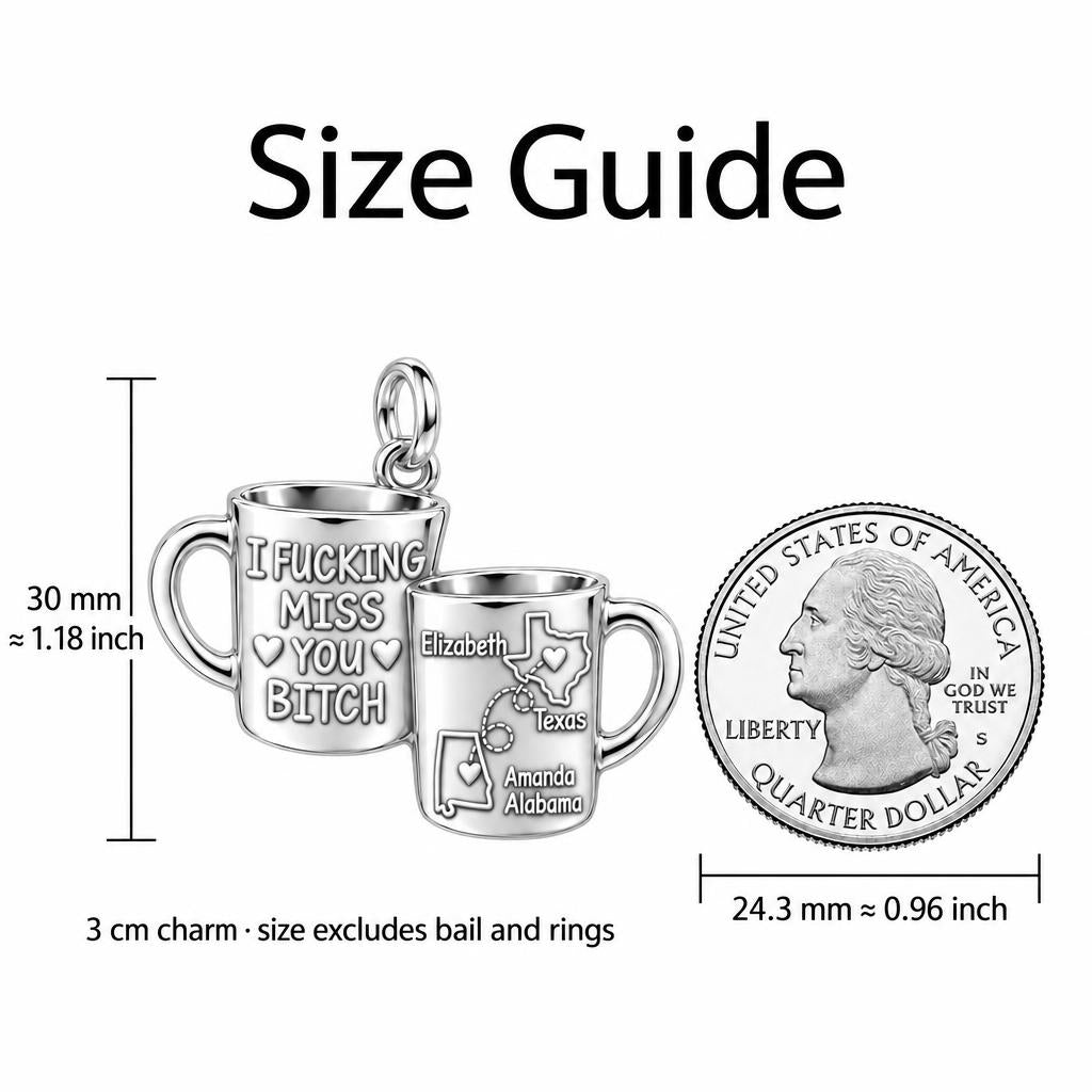 Long Distance Bestie Mugs Charm Bracelet – Personalized Best Friend – size guide, 3 cm charm next to a quarter