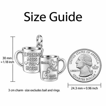 Long Distance Bestie Mugs Charm Bracelet – Personalized Best Friend – size guide, 3 cm charm next to a quarter