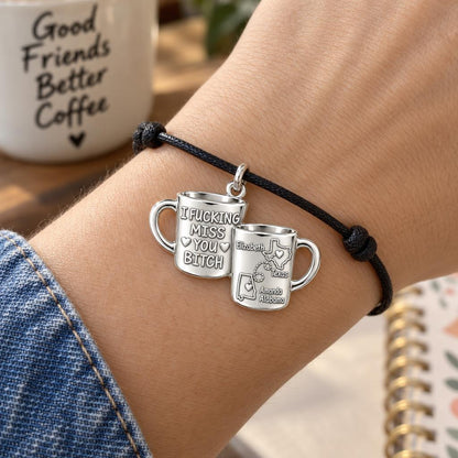 Long Distance Bestie Mugs Charm Bracelet – Personalized Best Friend – worn on the wrist on a black cord bracelet