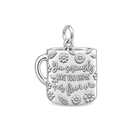 Long Distance Coffee Mug Charm Bracelet – Personalized Bestie Gift – silver plated 3 cm charm, front view