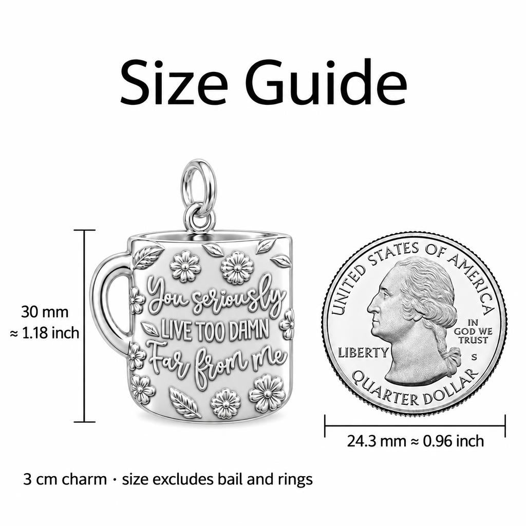 Long Distance Coffee Mug Charm Bracelet – Personalized Bestie Gift – size guide, 3 cm charm next to a quarter