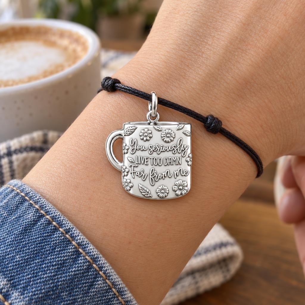 Long Distance Coffee Mug Charm Bracelet – Personalized Bestie Gift – worn on the wrist on a black cord bracelet