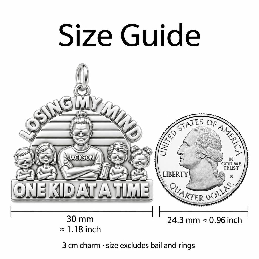 Losing My Mind Charm Bracelet – Personalized Dad Gift – size guide, 3 cm charm next to a quarter