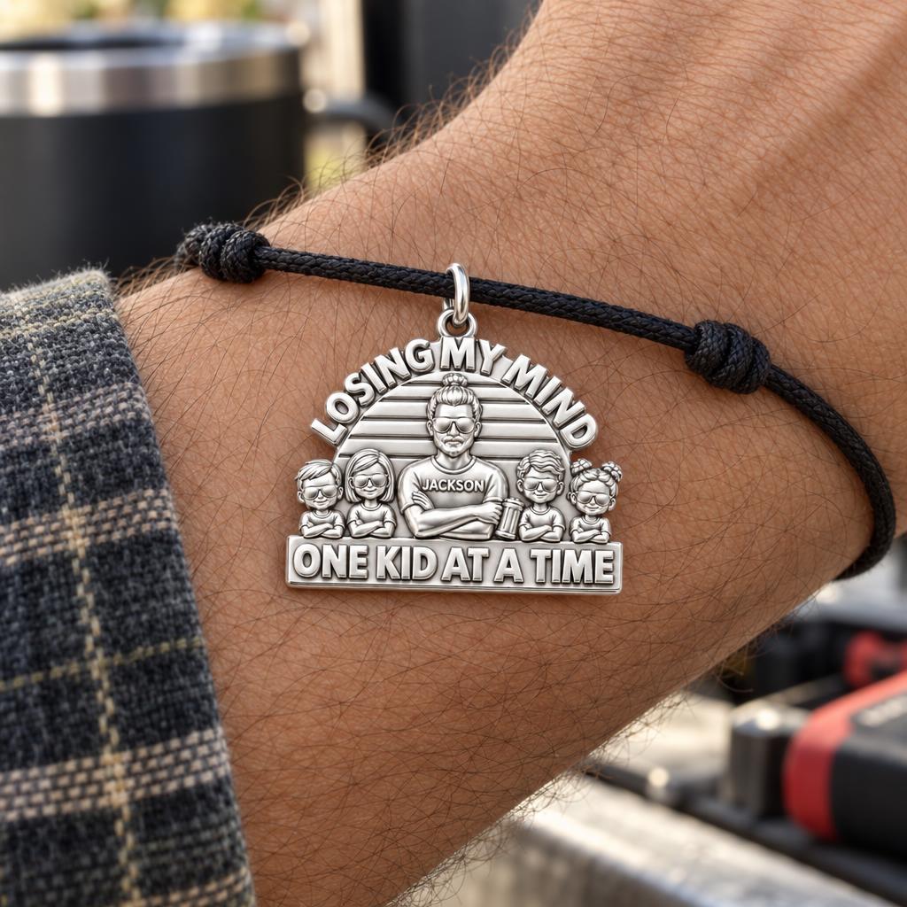 Losing My Mind Charm Bracelet – Personalized Dad Gift – worn on the wrist on a black cord bracelet