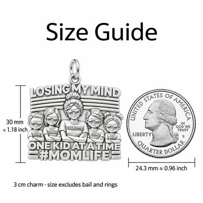 Losing My Mind Charm Bracelet – Personalized Mom Gift – size guide, 3 cm charm next to a quarter
