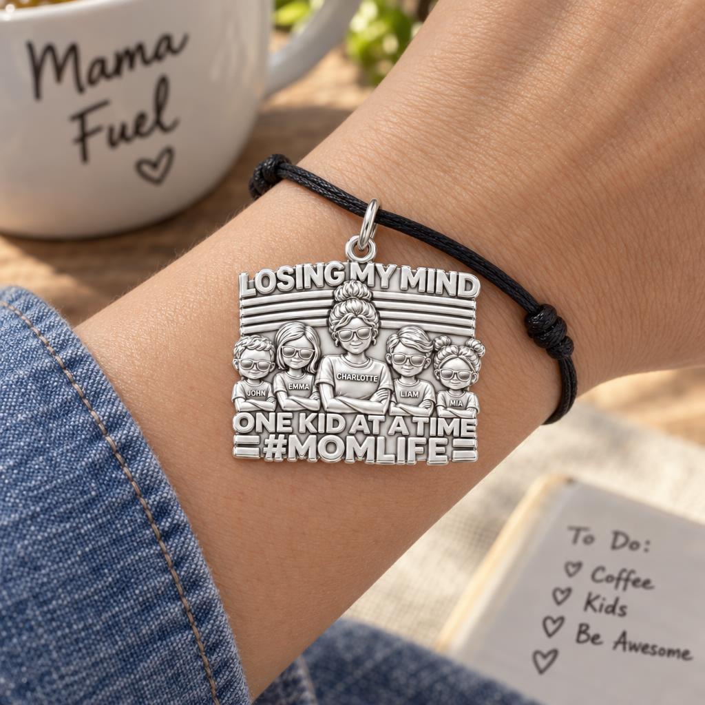Losing My Mind Charm Bracelet – Personalized Mom Gift – worn on the wrist on a black cord bracelet