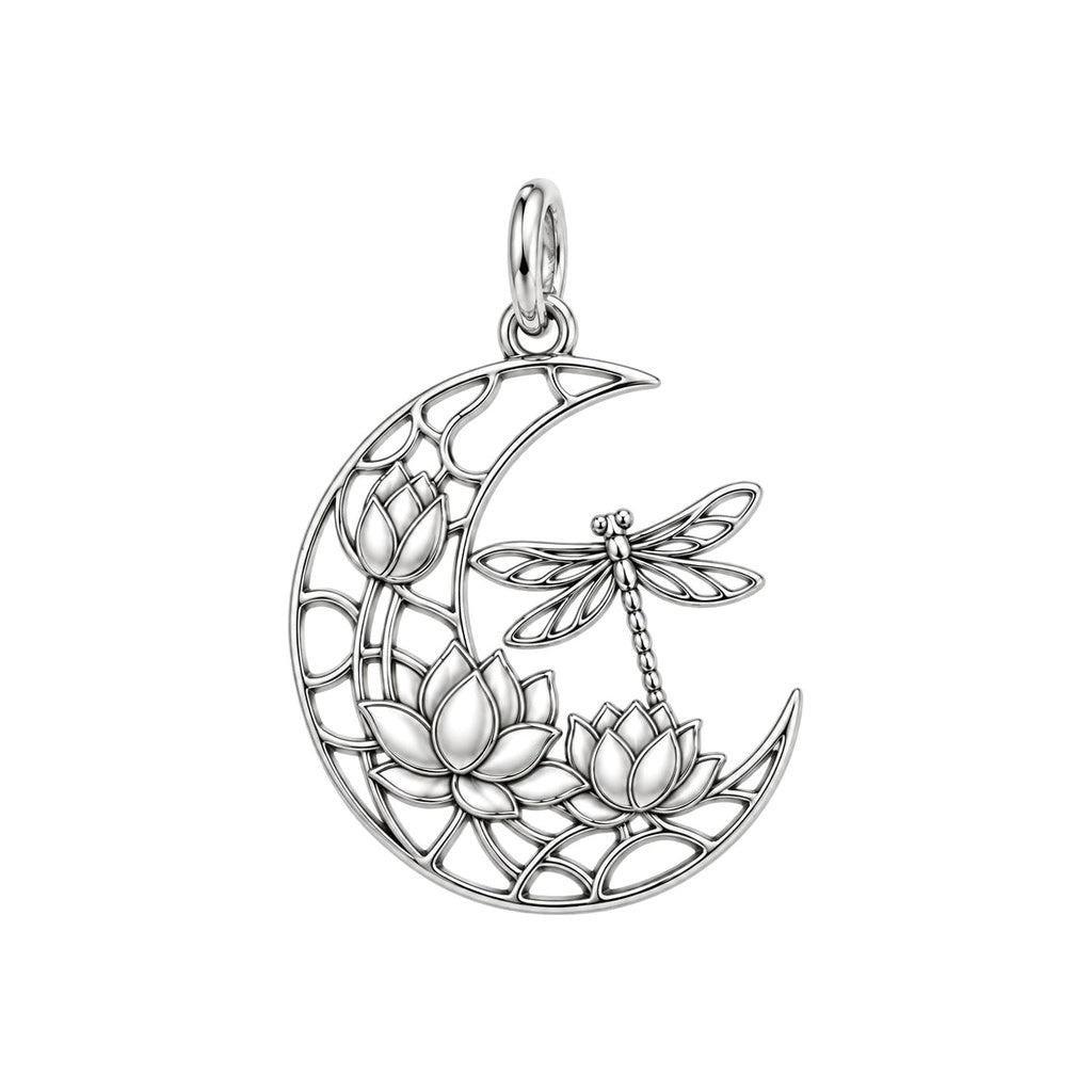 Lotus Moon Dragonfly Charm Bracelet – Personalized Mom Gift – silver charm, front view