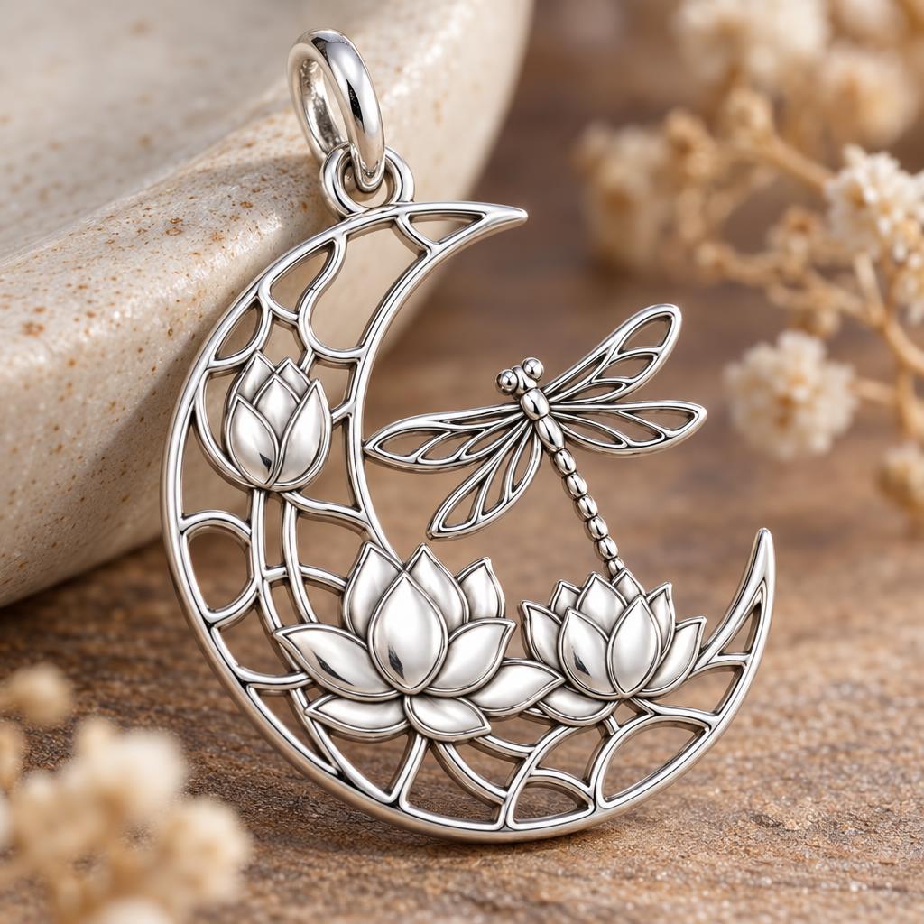 Lotus Moon Dragonfly Charm Bracelet – Personalized Mom Gift – macro detail of the charm