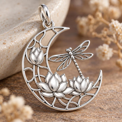 Lotus Moon Dragonfly Charm Bracelet – Personalized Mom Gift – macro detail of the charm