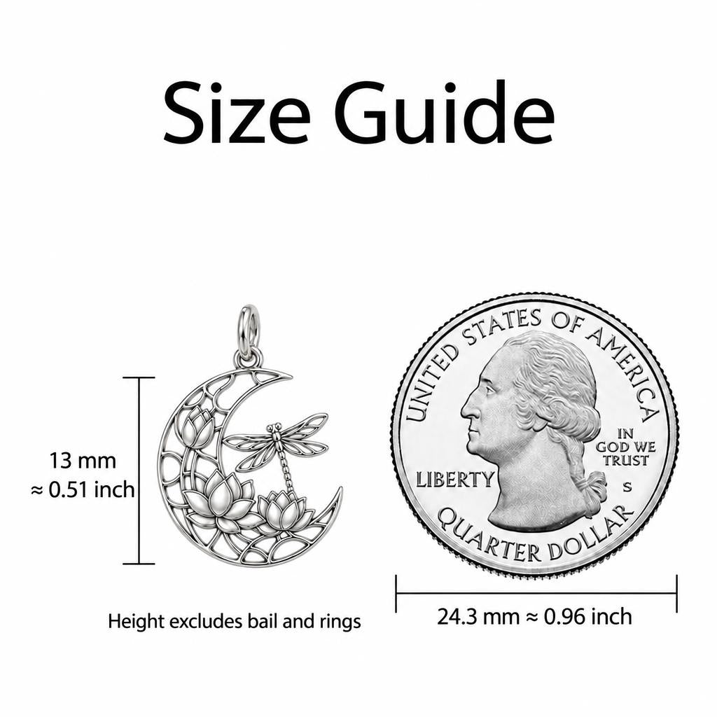 Lotus Moon Dragonfly Charm Bracelet – Personalized Mom Gift – size guide, 13 mm charm next to a quarter