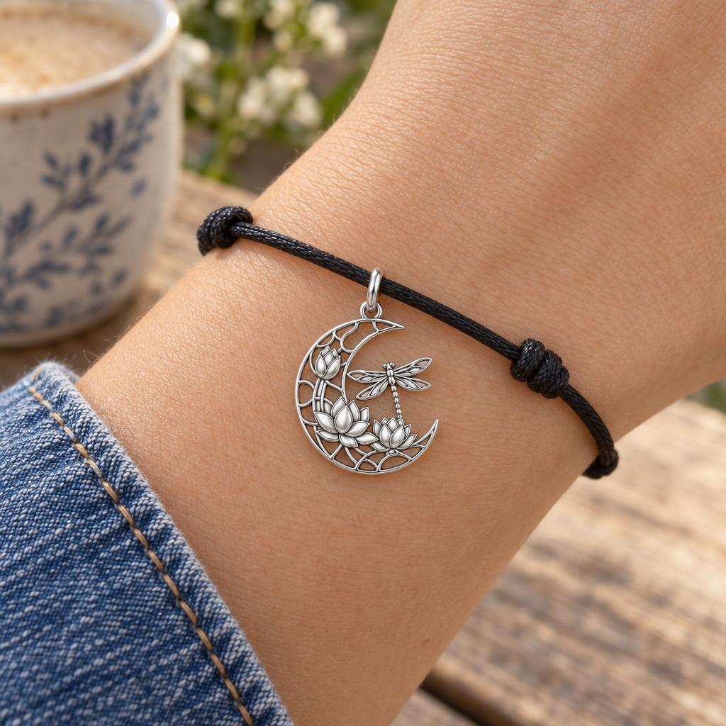 Lotus Moon Dragonfly Charm Bracelet – Personalized Mom Gift – worn on the wrist on a black cord bracelet