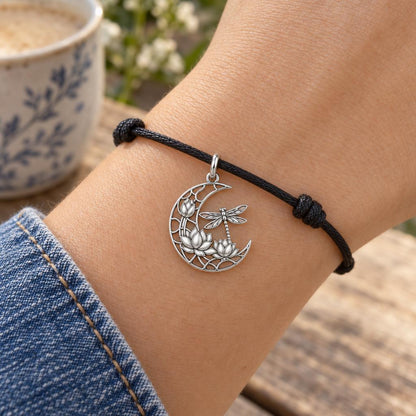 Lotus Moon Dragonfly Charm Bracelet – Personalized Mom Gift – worn on the wrist on a black cord bracelet