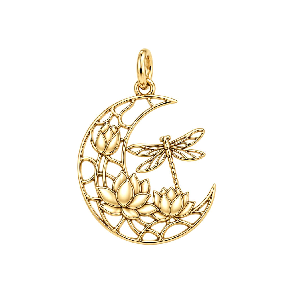 Lotus Moon Dragonfly Charm Bracelet – Personalized Mom Gift – 18K gold charm, front view