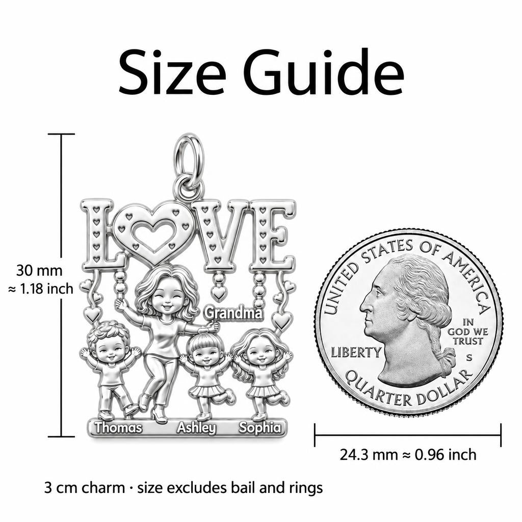 Love Grows Here Charm Bracelet – Personalized Grandma Gift – size guide, 3 cm charm next to a quarter