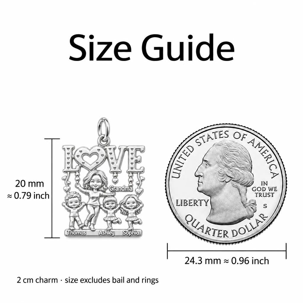 Love Grows Here Grandma Charm Necklace Set – size guide, 13 mm charm next to a quarter