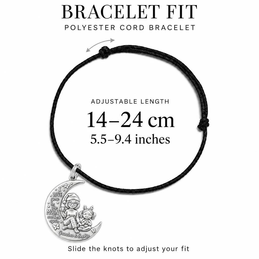 Love You To The Moon Charm Bracelet – Personalized Nana Gift – adjustable black cord bracelet, 14–24 cm