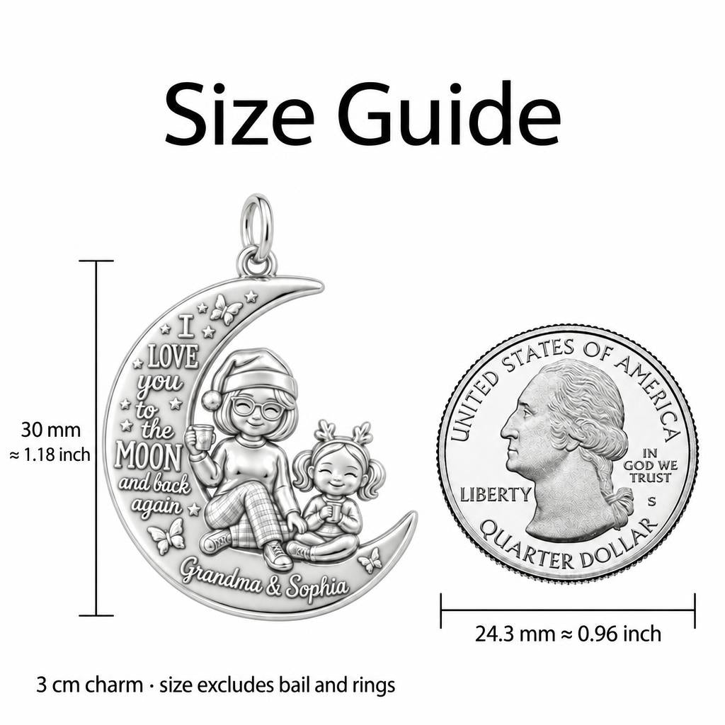 Love You To The Moon Charm Bracelet – Personalized Nana Gift – size guide, 3 cm charm next to a quarter