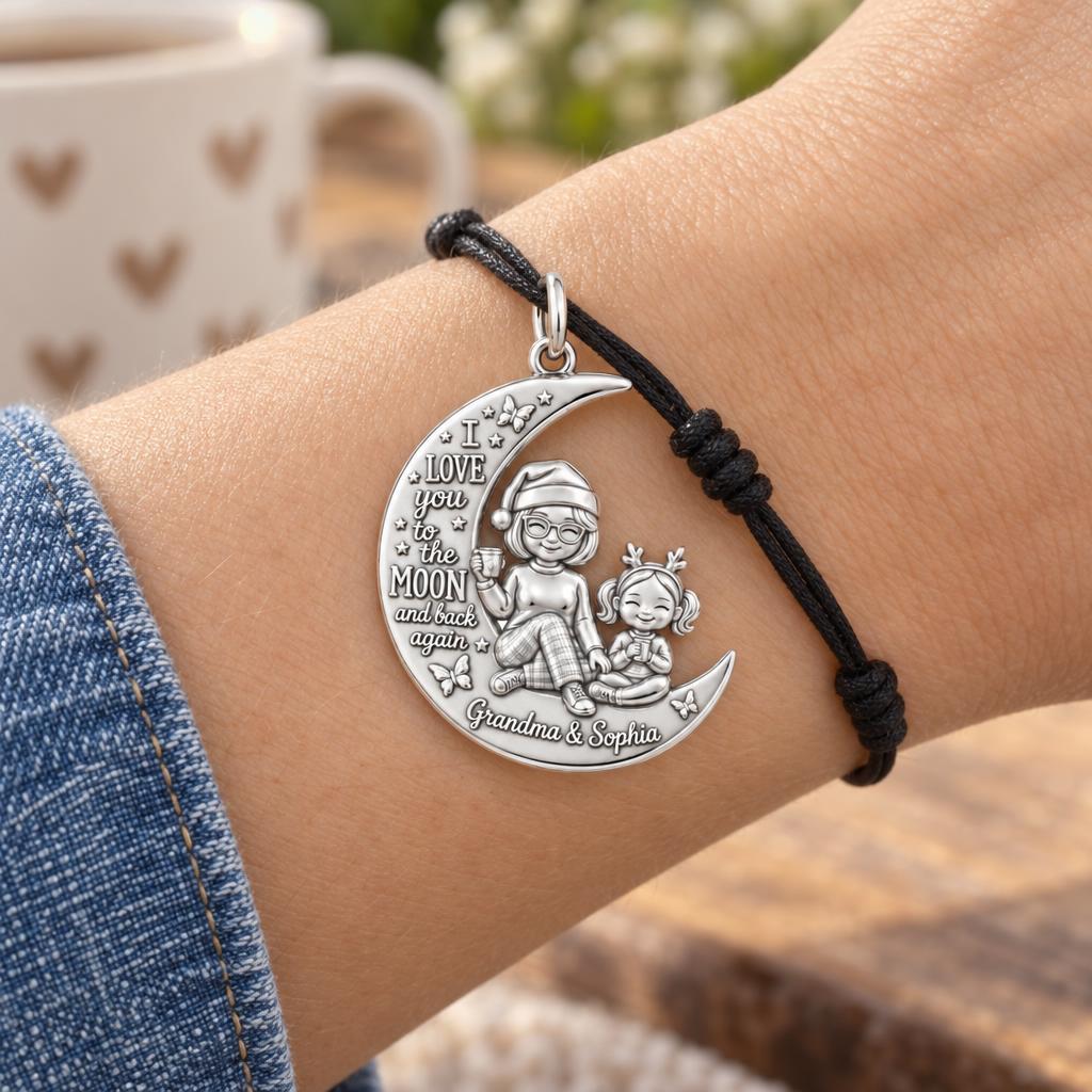 Love You To The Moon Charm Bracelet – Personalized Nana Gift – worn on the wrist on a black cord bracelet