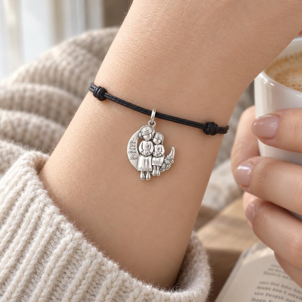 Love You to the Moon Sisters Charm and Polyester Cord Bracelet Set